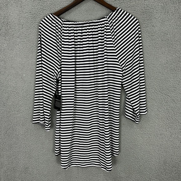 Chicos Striped Knit Tunic Top Womens 1 Medium Black White 1/4 Zip Comfort NWT - Picture 2 of 9